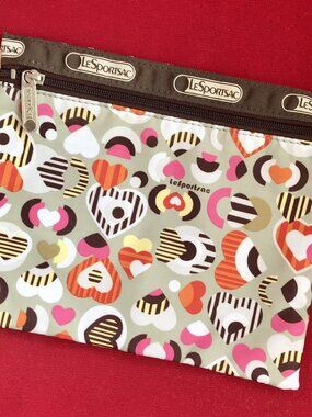 LeSportsac Zipper Pouch Hearts Pattern Cosmetics Travel Bag Makeup Pencil Tote
